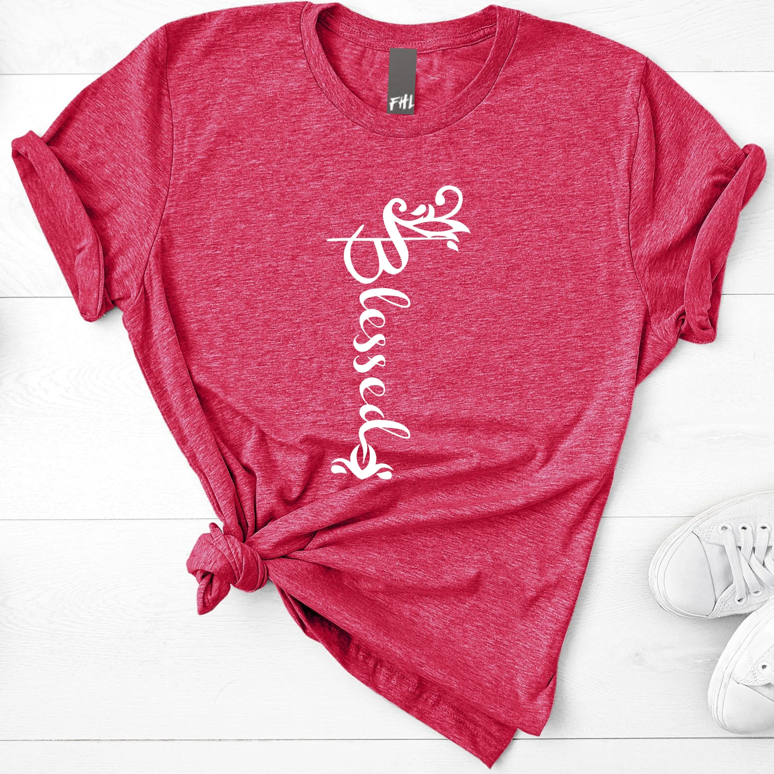 Blessed Ornamental Design Heather Raspberry T-Shirt (Quick Ship)